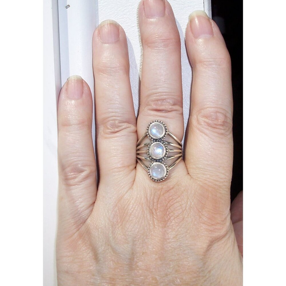 925 STERLING SILVER Genuine Rainbow Moonstone Statement Ring - Picture 2 of 14